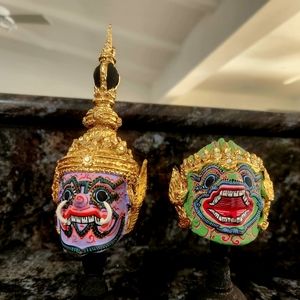 Vintage Brahma Praprom Thai Khon Mask with Stand Handmade Crafted Set